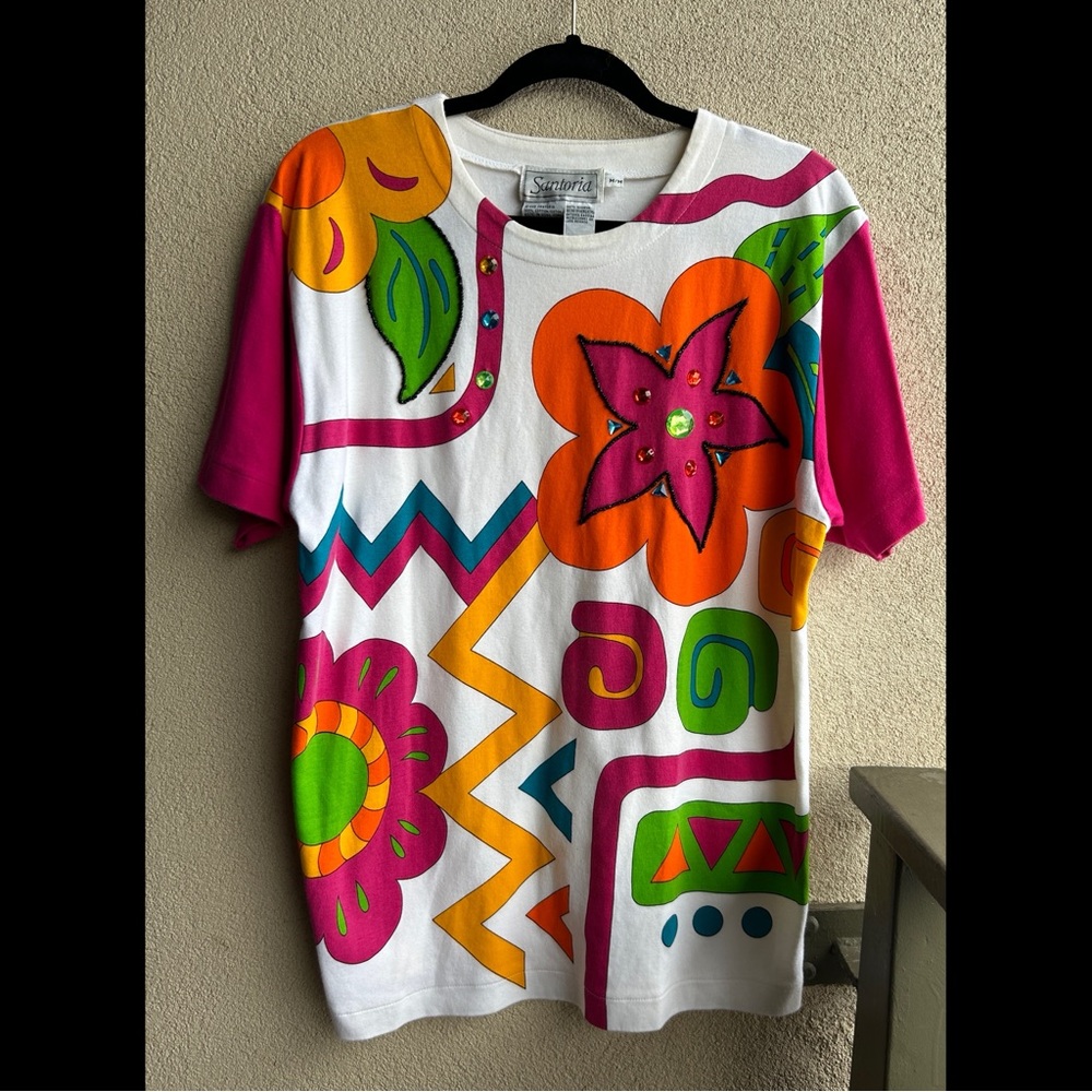 RARE Santoria brand vintage multicolored abstract floral beaded T-shirt size M